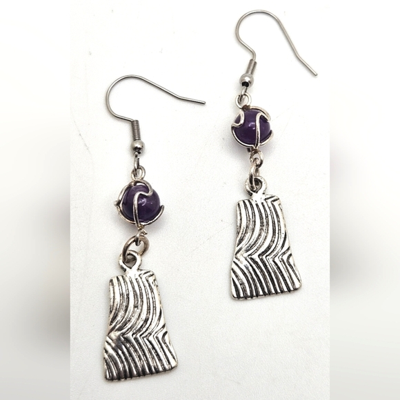Vintage Natural Amethyst Sphere Wire Wrap Cage Dangle Earrings Silver - Picture 1 of 5